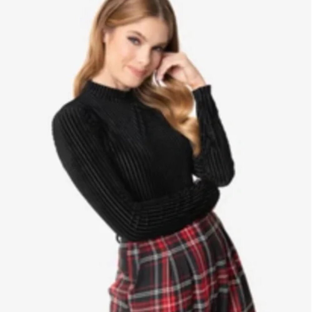 Unique Vintage Black Velvet Stripe Turtleneck Bodysuit